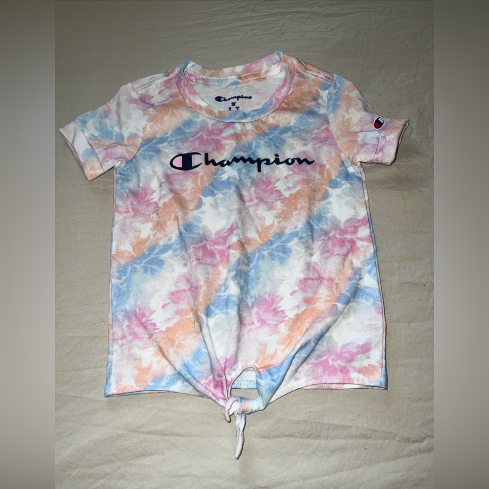 Champion Top Girls 2T Pink T-Shirt Logo Graphic Short Sleeve Tie-Front Crew Neck